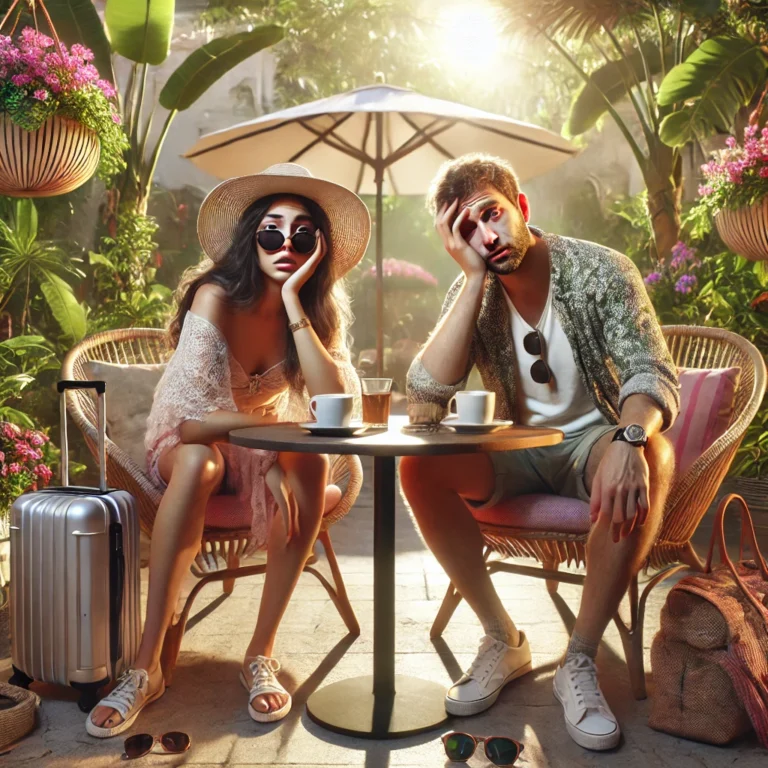 Jet Lag Explained and How To Defeat It 1 image of a couple in their 30s on holiday, visibly struggling with jet lag, but with a subtle humorous twist.