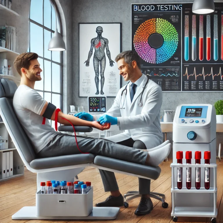 12 Reasons to Get a Blood Test 1 A hyper-realistic image of a friendly healthcare professional drawing blood from a patient in a modern, well-lit clinic. The scene includes advanced m