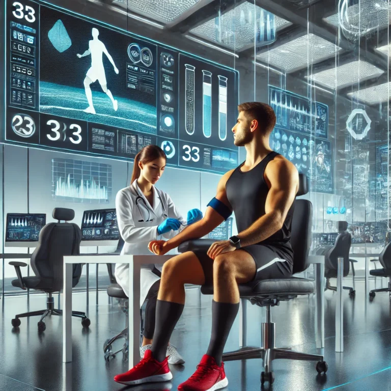 12 Reasons to Get a Blood Test 2 A sporty person receiving a blood test in a modern, high-tech laboratory setting. The background includes futuristic sports equipment and advanced science