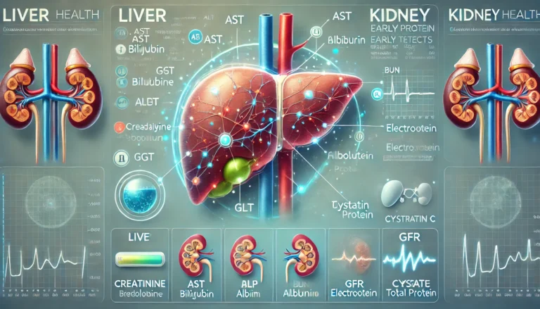 12 Reasons to Get a Blood Test 3 liver and kidney health. On the left side, show the liver with labeled markers for ALT, AST, ALP, GGT, bilirubin,