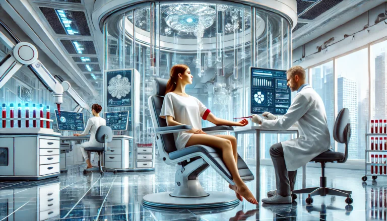 12 Reasons to Get a Blood Test 6 A detailed and futuristic image showing a lady receiving a blood test in a high-tech laboratory setting. The lady is seated comfortably while a health