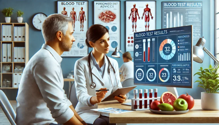 12 Reasons to Get a Blood Test 4 A detailed and realistic image showing a healthcare professional discussing blood test results with a patient in a modern clinical setting.