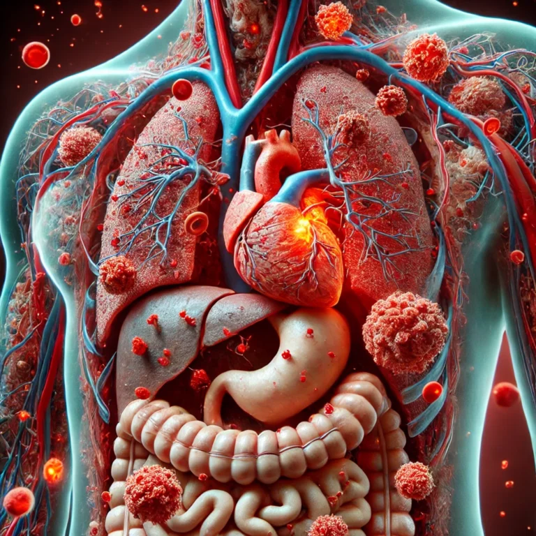 12 Reasons to Get a Blood Test 5 A hyper-realistic image showing the effects of inflammation inside the body. The image should depict inflamed tissues with red, swollen areas, and the