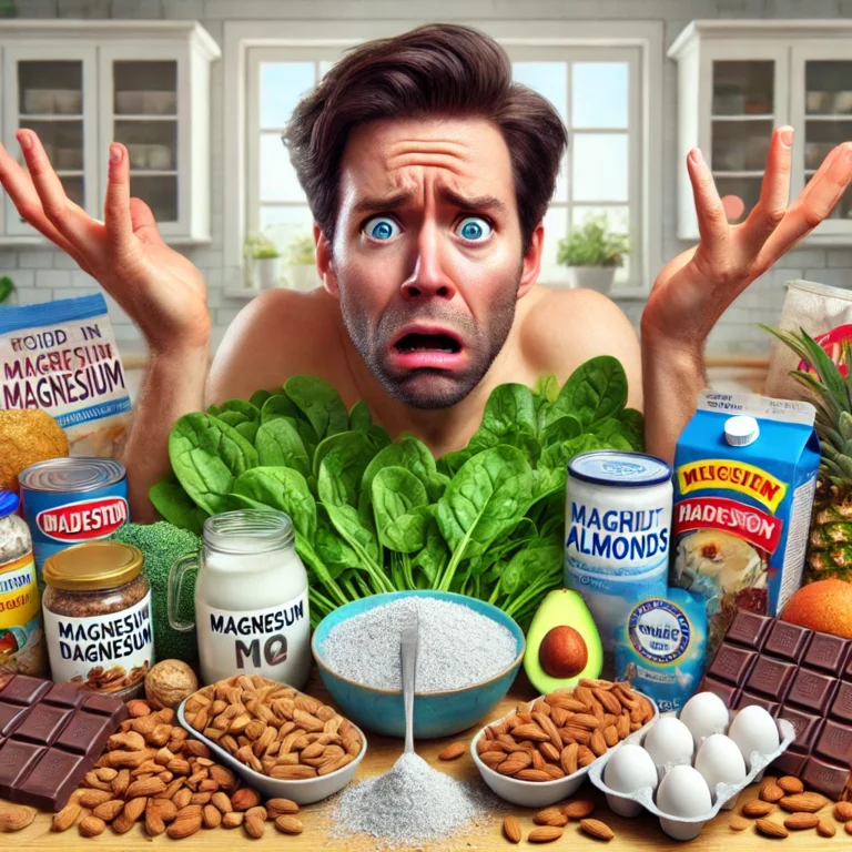 12 Signs Your Deficient In Magnesium 2 A hyper-realistic image of a person comically confused about the causes of a magnesium deficiency. The person, with a puzzled expression, is surrounded