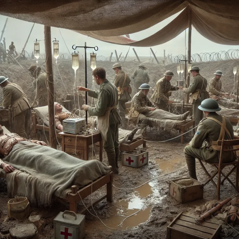 12 Things You Didn't Know About IV Nutrient Therapy 1 A hyper-realistic scene depicting World War I soldiers receiving IV therapy. The setting is a makeshift medical tent on the battlefield with muddy group
