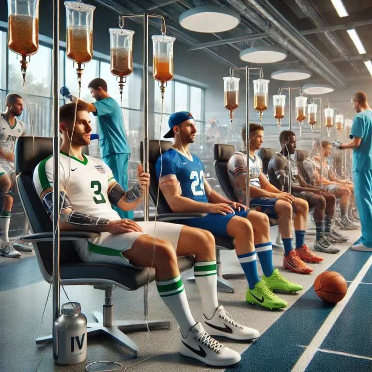12 Things You Didn't Know About IV Nutrient Therapy 3 A hyper-realistic image of athletes receiving IV therapy to enhance performance and recovery. The setting is a modern sports facility with advanced